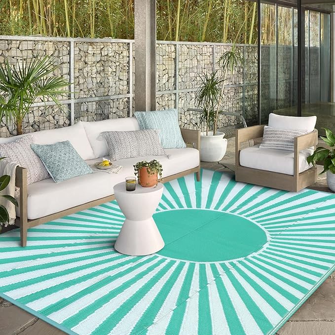 Wonnitar 8x10 Outdoor Rug Waterproof - Large Reversible Patio Rugs, Lightweight Plastic Straw Patios Mat for RV, Portable Outdoor Camping Carpet for Deck Picnic (Blue-Green, 8'x10')