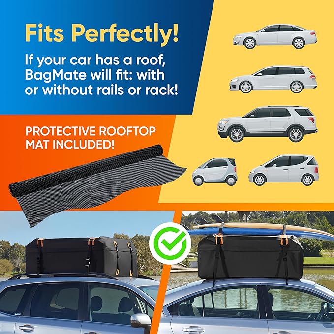 Car Roof Bag - Car Rooftop Cargo Carrier Bag – 19 Cubic Ft Waterproof Roof Rack Cargo Carrier, Includes Anti-Slip Mat, 4 Door Hooks, Reinforced Zipper/Buckle, with or Without Rack