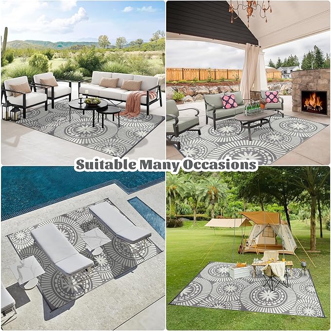 Ileading Reversible Plastic Outdoor Rug Modern Geometric Style Patio Straw Mat Waterproof Deck Carpets Non Shedding Portable Area Rugs for RV Beach Backyard Outside Pool Picnic Camping(6'x9'Grey)