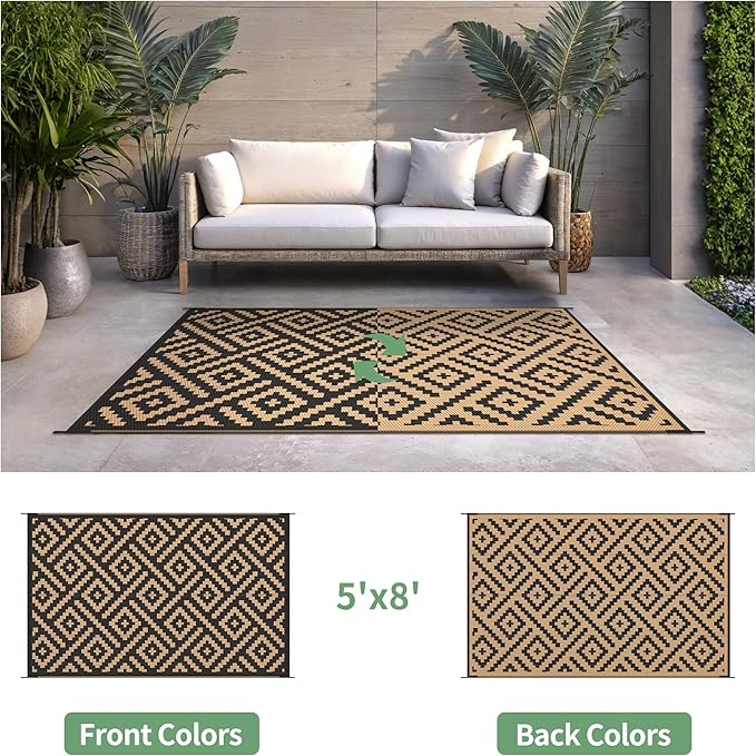 Outdoor Rug for Patio - Waterproof Plastic Straw Camping Rugs 5x8 ft, Reversible Outdoor Indoor RV Mat Carpet for Patio, Porch, Deck, Balcony, Picnic, Beach, Black Brown