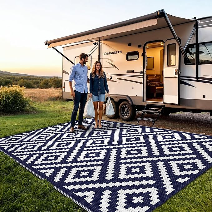 Outdoor Rug for Patio - Waterproof Plastic Straw Camping Rugs 9x12 ft, Reversible Outdoor Indoor RV Mat Carpet for Patio, Porch, Deck, Balcony, Picnic, Beach, Blue White