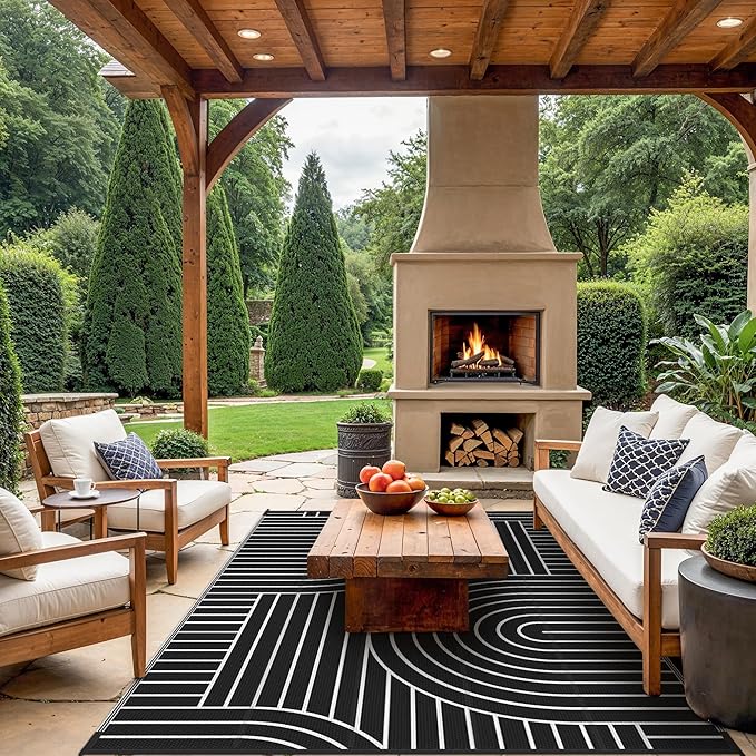 GENIMO Outdoor Rug 6'x9' Patio Waterproof, Lightweight Outdoor Plastic Straw Rug Clearance, Reversible Camping Mat Outdoor Carpet for RV, Picnic, Backyard, Deck, Balcony, Porch, Black & White