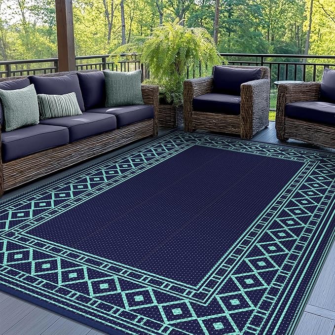 GENIMO Outdoor Rug Waterproof 6'x9' for Patio, Foldable Reversible Plastic Straw Carpet, Outside Area Mat for Patios, Rv, Deck, Picnic, Porch, Camper, Balcony, Beach, Navy Blue & Jade Green