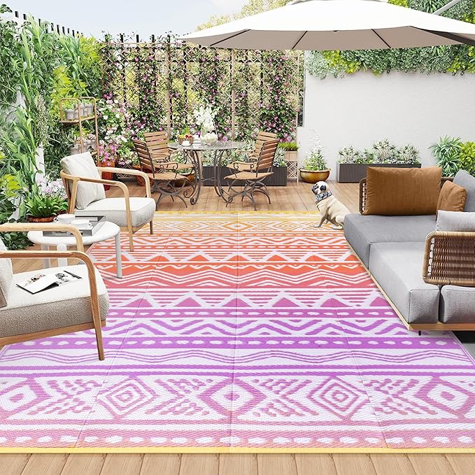 Lahome Outdoor Plastic Straw Rug, Reversible Outdoor Rug Waterproof 9x12 Rugs for Patio, RV Camping Rug Picnic Mat Outside Large Carpet for Beach Deck Backyard Balcony(Orange/Purple,9'x 12')