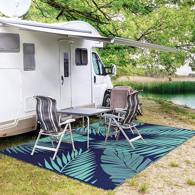GENIMO Outdoor Rug 9' x 12' Waterproof for Patios Clearance, Reversible Outdoor Plastic Straw Camping Rug Carpet, Large Area Rugs Mats for RV, Camper, Deck, Balcony, Porch, Beach, Navy Blue&Jade Green