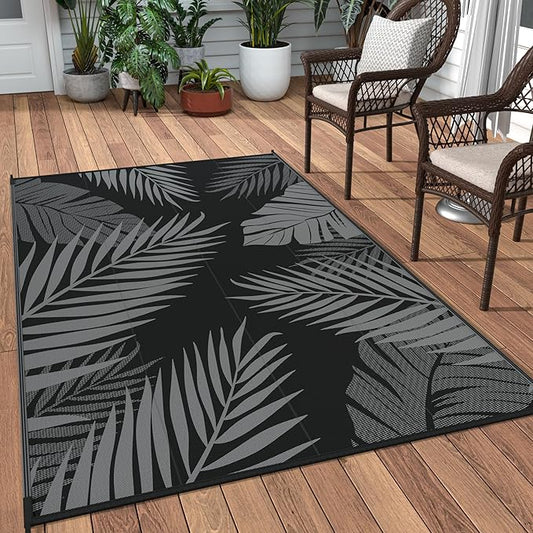 GENIMO Outdoor Rug 3' x 5' Waterproof for Patios Clearance, Reversible Outdoor Plastic Straw Camping Rug Carpet, Large Area Rugs Mats for RV, Camper, Deck, Balcony, Porch, Beach, Picnic, Black&Grey