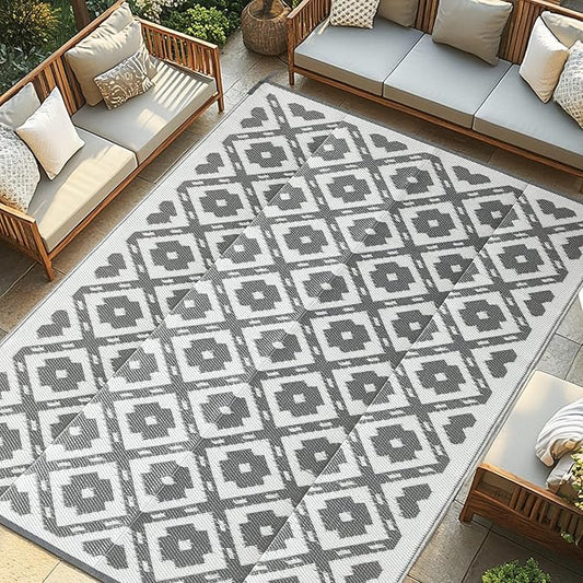 Waterproof Outdoor Rug 8x10 ft, Reversible Plastic Straw Rug, Easy to Clean Patio Rug, Portable Carpet for Patio, RV, Deck, Balcony, Backyard, Picnic, Beach, Square Dashed, Gray