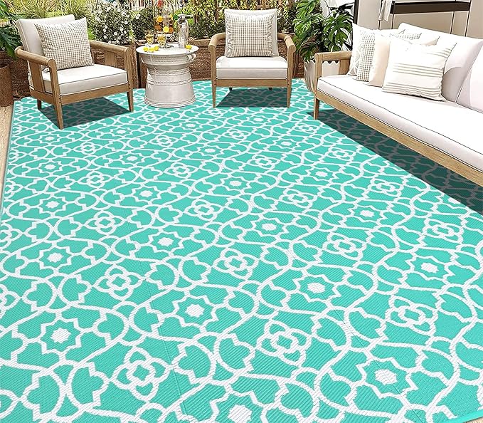 HEBE Outdoor Rug 9'x12' for Patios Waterproof Clearance Reversible Patio Mat Plastic Straw Rug RV Camping Mat Outside Area Rug Carpet for Camping RV,Porch,Deck,Balcony,Camper,Backyard
