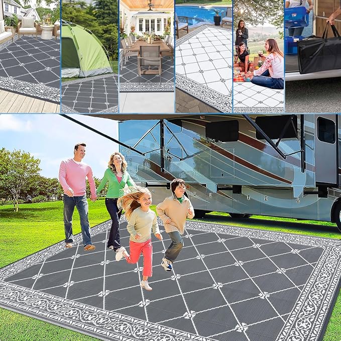 HiiARug Outdoor Rug 9'x18' for Patios Clearance, Reversible Outdoor Plastic Straw Waterproof Camping Carpet, Large Area Rugs Patio Mats for Outside RV, Camper, Deck, Porch, Beach, Picnic, Grey&White
