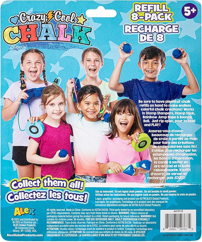 Alex: Crazy Cool Chalk - Refill 8 Pack - 8 Chalk Pks, Works with Crazy Cool Chalk Line, Outdoor Sidewalk & Driveway Art, Kids Age 5+