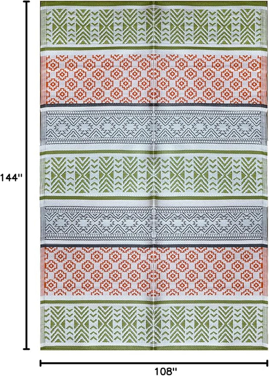 BalajeesUSA Outdoor Rugs 9x12 ft Large Plastic Patio Green, Orange Affordable Multipurpose Woven Plastic Straw All-Weather Waterproof Reversible Camper mat Backyard Picnic Sports Camps Tent