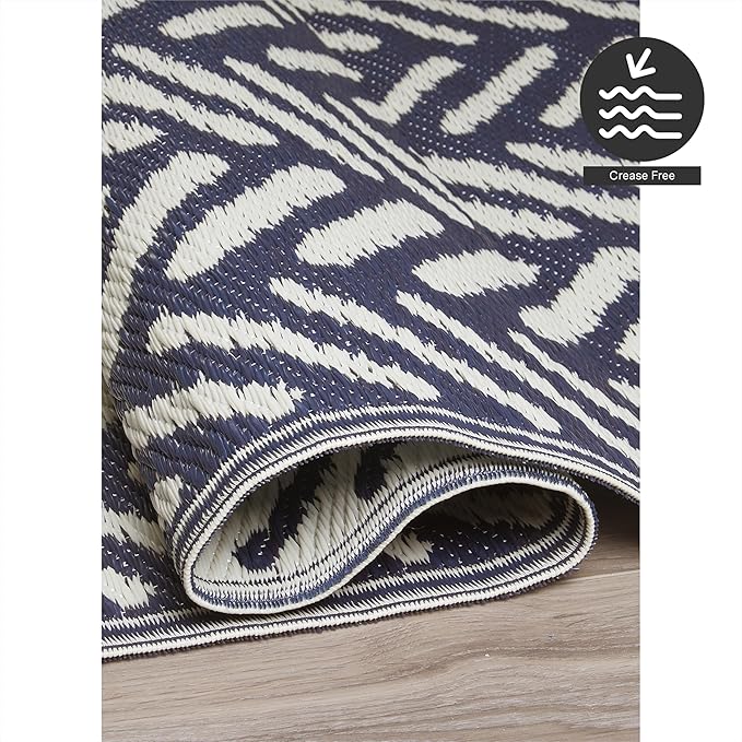 FH Home Outdoor Rug - Waterproof, Fade Resistant, Reversible - Premium Recycled Plastic - Herringbone - Patio, Deck, Porch, Balcony, Laundry Room - Fresno - Navy Crease Free - 4 x 6 ft
