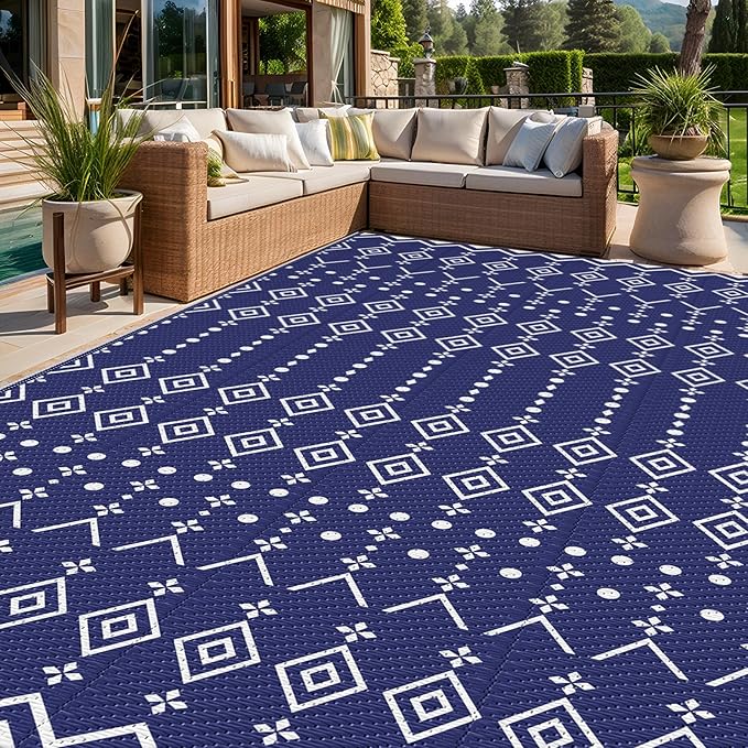StepRite 8’ x 10’ Reversible Outdoor Rug, Waterproof Plastic Straw Rug, Patio Rug, Large Modern Area Rug Carpet, Indoor Outdoor Rugs for Camping, Porch, Deck, Balcony, Backyard, RV, Picnic(Blue)