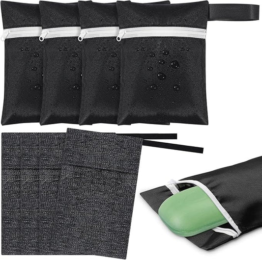 4 Pcs Travel Soap Bar Bag Waterproof & Leakproof Soap Dish Case with 4 Pcs Foaming Nets Multifunctional Toiletry Shower Gym Essentials Quick Dry Pouch for Camping Enthusiasts(Black)