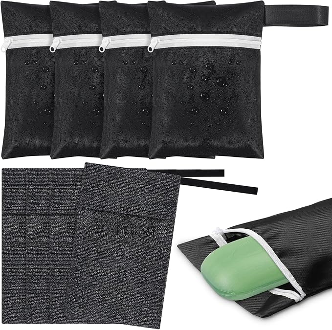 4 Pcs Travel Soap Bar Bag Waterproof & Leakproof Soap Dish Case with 4 Pcs Foaming Nets Multifunctional Toiletry Shower Gym Essentials Quick Dry Pouch for Camping Enthusiasts(Black)