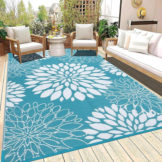Ileading Reversible Outdoor Rug 5x8Ft Waterproof Patio Rug Carpet Portable Outdoor Plastic Straw Rug Large RV Camping Mat Rug for Patio, Clearance, Deck, Beach, Porch, Camping, Picnic, Flower Teal