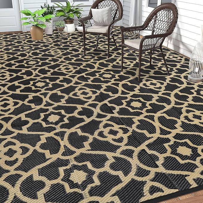 HEBE Outdoor Rug 9'x12' for Patios Waterproof Clearance Reversible Patio Mat Plastic Straw Rug RV Camping Mat Outside Area Rug Carpet for Camping RV,Porch,Deck,Balcony,Camper,Backyard