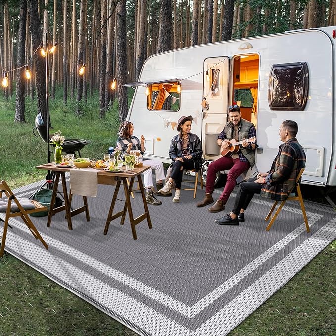 HappyTrends Outdoor Rug Reversible Portable Plastic Straw Camping Rugs for Outside RV,Large Waterproof Outdoor Area Rugs for Patio,Deck,Porch,Balcony(8'x 10',White&Gray)