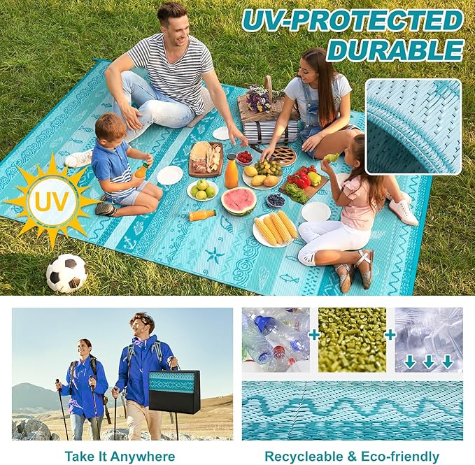 Lahome Outdoor Plastic Straw Rug, Reversible Outdoor Rug Waterproof 9x12 Rugs for Patio, RV Camping Rug Picnic Mat Outside Large Carpet for Beach Deck Backyard Balcony(Blue/Multi,9'x 12')