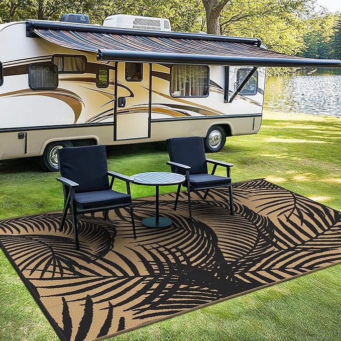 GENIMO Outdoor Rug 6' x 9' Waterproof for Patio Clearance, Reversible Plastic Straw Camping Carpet, Lightweight Mats for Rv, Backyard, Deck, Porch, Picnic, Beach, Balcony, Black & Brown