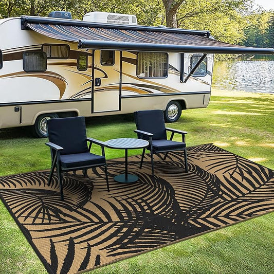GENIMO Outdoor Rug 6' x 9' Waterproof for Patio Clearance, Reversible Plastic Straw Camping Carpet, Lightweight Mats for Rv, Backyard, Deck, Porch, Picnic, Beach, Balcony, Black & Brown