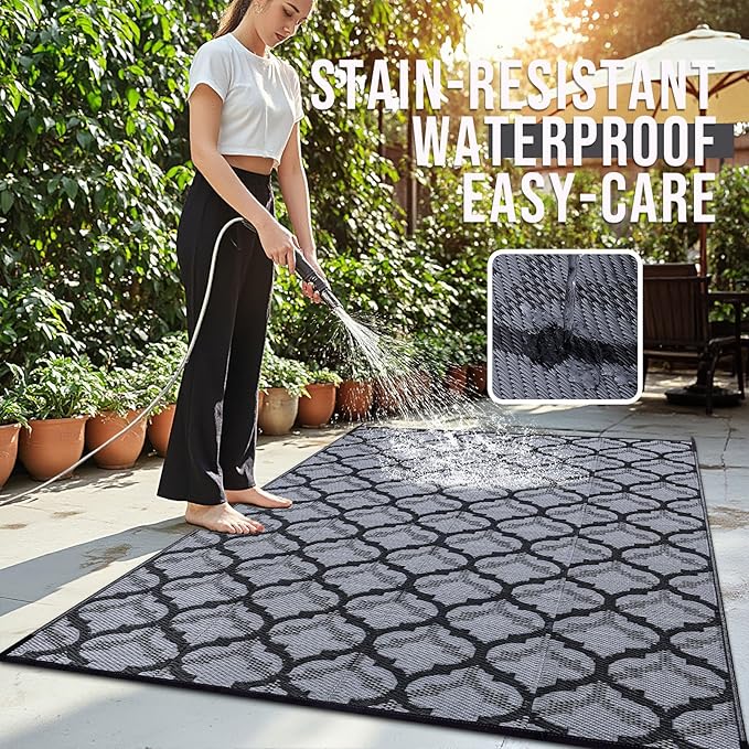 OLANLY Reversible Outdoor Rug 9x12 ft Clearance, Waterproof Outdoor Plastic Straw Rug with Interlacing Pattern, RV Mat for Patio, Camping, Balcony, Deck, Backyard, Black & Grey