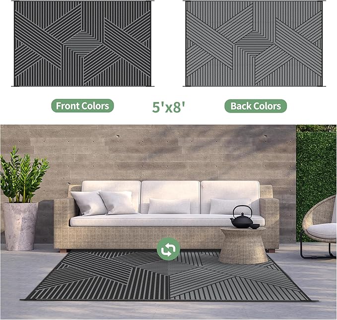 GENIMO Outdoor Rug 5'x8' for Patio Waterproof Clearance, Reversible Outdoor Plastic Straw Rug, Lightweight Carpet Camping Mat for Rv, Camper, Picnic, Balcony, Backyard, Deck, Porch, Black & Gray