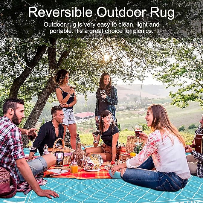 Ileading Outdoor Rug Carpet for Patio 9'x12' Waterproof Reversible Plastic Straw Rug Portable Outside Area Rug Camping Mat for Patio, Clearance, Balcony, Picnic, Pool, Beach, RV, Deck, Teal