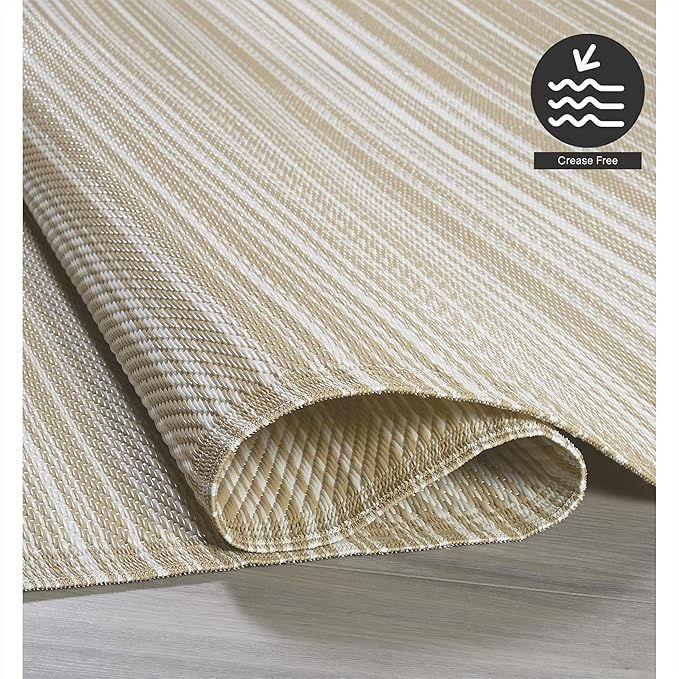 FH Home Outdoor Camping Rug - Waterproof, Fade Resistant, Reversible - Premium Recycled Plastic - Striped - Large Patio, Deck, Sunroom, RV - Havana - Beige - 4 x 6 ft Foldable