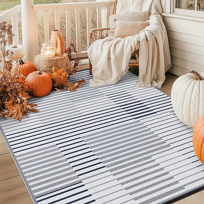 GENIMO Outdoor Rug for Patio Clearance, 6'x9' Waterproof Camping Mat, Reversible Plastic Straw Rugs for RV, Camper, Balcony, Backyard, Picnic, Deck (Blue&White)