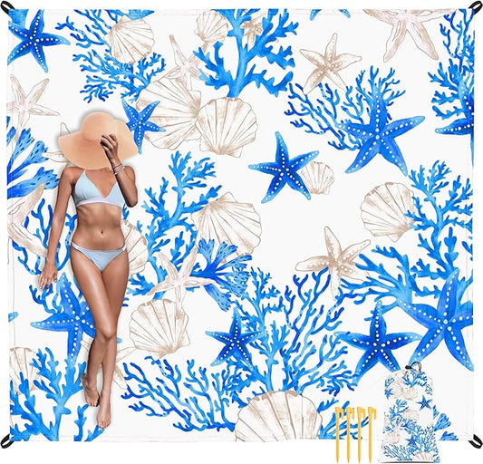 Beach Blanket Waterproof Sandproof, 110''×118'' Extra Large Blue Beach Mat for 1-8 Adults, Lightweight & Compact Sand Free Outdoor Beach Essentials for Picnic, Camping, Travel