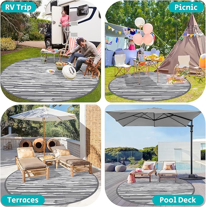 HEBE Round Outdoor Rug 8' Waterproof for Patios Clearance, Reversible Plastic Straw Rug Camping Carpet, Indoor Outdoor Area Rugs Patio Mats for RV,Picnic,Backyard,Deck,Balcony,Porch