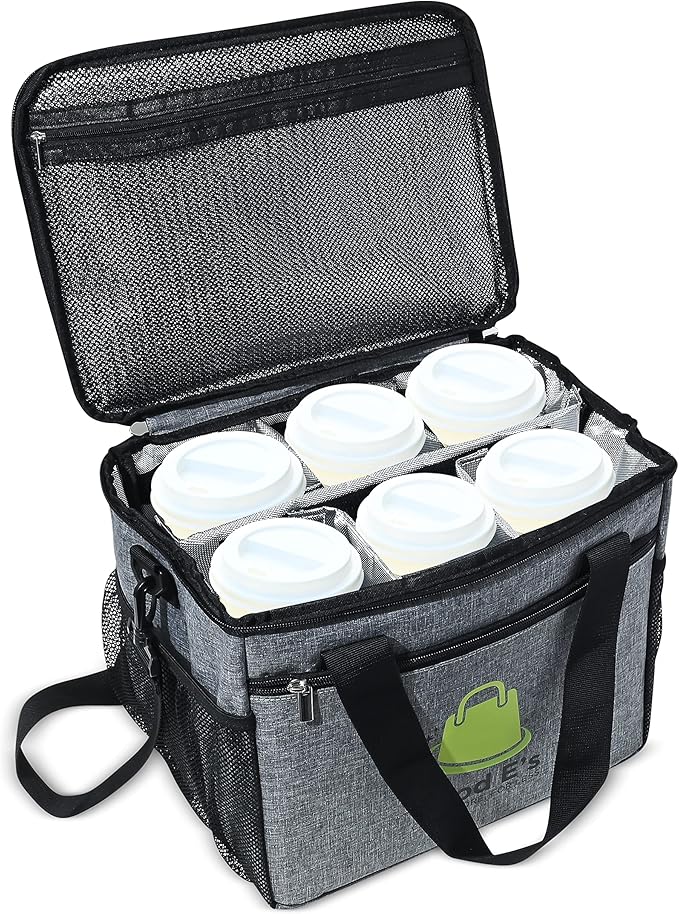Good E’s Reusable 6 Cups Insulated Beverage Bag, Portable Cooler Tote with 5 Divider, Shoulder Strap & Side Pockets, Drink Caddy Cup Holder Carrier for Delivery Travel, Insulated Picnic Bag (6 Cups)
