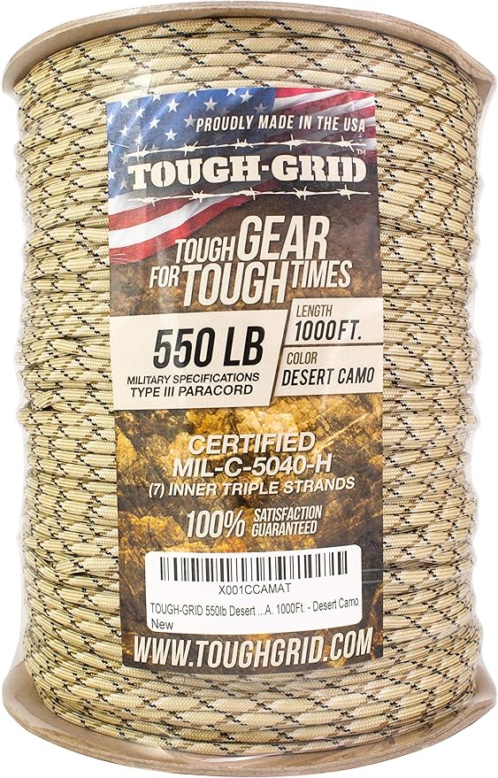 TOUGH-GRID Premium Desert Camo Paracord 550 lbs Made in USA Outdoor Survival Nylon Rope Tactical Heavy Duty Strands Parachute Cord Used by US Military Type III Mil-Spec