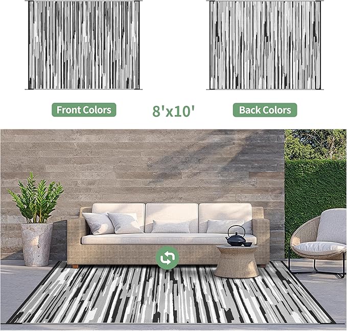 GENIMO Outdoor Rug for Patio Clearance, 8'x10' Waterproof Camping Mat, Reversible Plastic Straw Rugs for RV, Camper, Balcony, Backyard, Picnic, Deck (Black White)