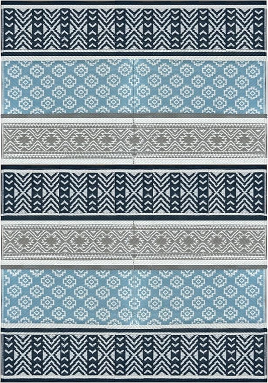 BalajeesUSA Outdoor Plastic Patio Rugs – 6x9, Grey, Teal, Durable and Affordable Multipurpose Woven Plastic Straw Recycled All-Weather and Waterproof Rug Reversible Camper Mats 7018