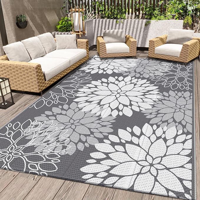 LuxStep Outdoor Rug Waterproof Outdoor Plastic Straw Rug Reversible Patio Rug Mat Outdoor Decor Large Area Mats for RV, Picnic, Backyard, Deck, Balcony, Porch, Beach, Camping, 4'x 6',Grey