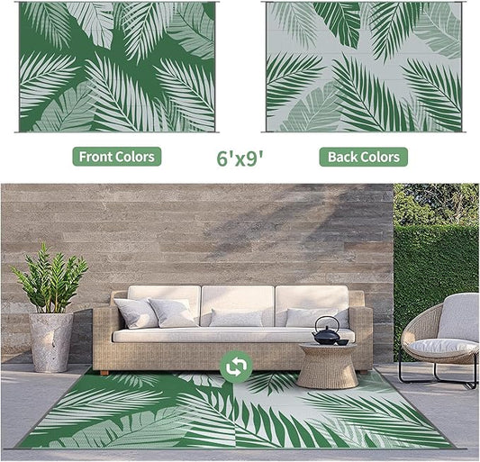 GENIMO Outdoor Rug 6' x 9' Waterproof for Patios Clearance, Reversible Plastic Straw Camping Carpet, Large Area Rugs Mats for RV, Picnic, Backyard, Deck, Balcony, Porch, Beach, Green&Grey