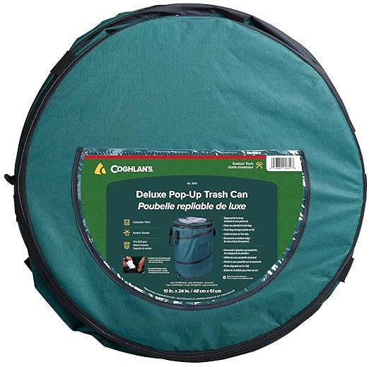 Coghlan's Deluxe Pop-Up Trash Can, Spring-loaded Collapsible Garbage Can for Camping, 24 x 19 inches, Heavy-Duty 600D Polyester, 29.5 Gallon, Green