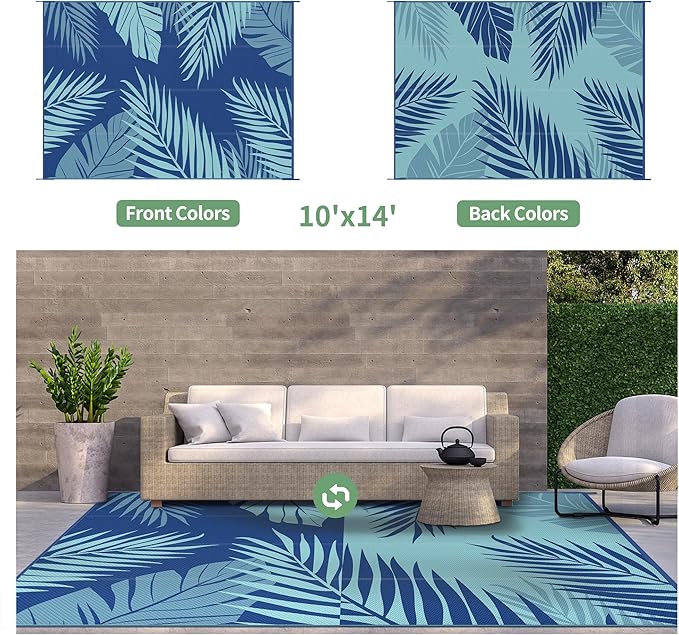 GENIMO Outdoor Rug 10' x 14' Waterproof for Patios Clearance, Reversible Outdoor Plastic Straw Camping Rug Carpet, Large Area Rugs Mats for RV, Camper, Deck, Balcony, Porch, Beach, Royalblue&Bluegreen