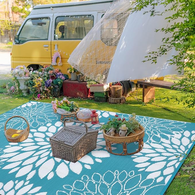 Ileading Reversible Outdoor Rug 6x9Ft Waterproof Patio Rug Carpet Portable Outdoor Plastic Straw Rug Large RV Camping Mat Rug for Patio, Clearance, Deck, Beach, Porch, Camping, Picnic, Flower Teal