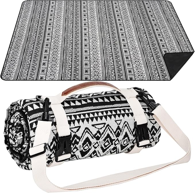 Picnic Blankets Outdoor Extra Large-Waterproof Picnic Blanket with Shoulder Carry Strap | Machine Washable Picnic Mat with Sandproof Backing for Park , Grass, Camping, Hiking, Concerts (Black)