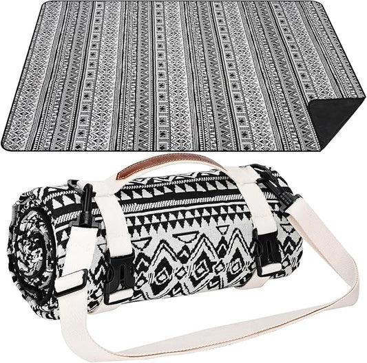 Picnic Blankets Outdoor Extra Large-Waterproof Picnic Blanket with Shoulder Carry Strap | Machine Washable Picnic Mat with Sandproof Backing for Park , Grass, Camping, Hiking, Concerts (Black)
