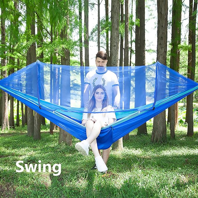 LFL Camping Hammock with Mosquito Net, Hammocks with 13ft Tree Straps Carabiners, Automatic Quick Open Outdoor Portable Hammock, Nylon Parachute Material Outside Hammock with net, Blue