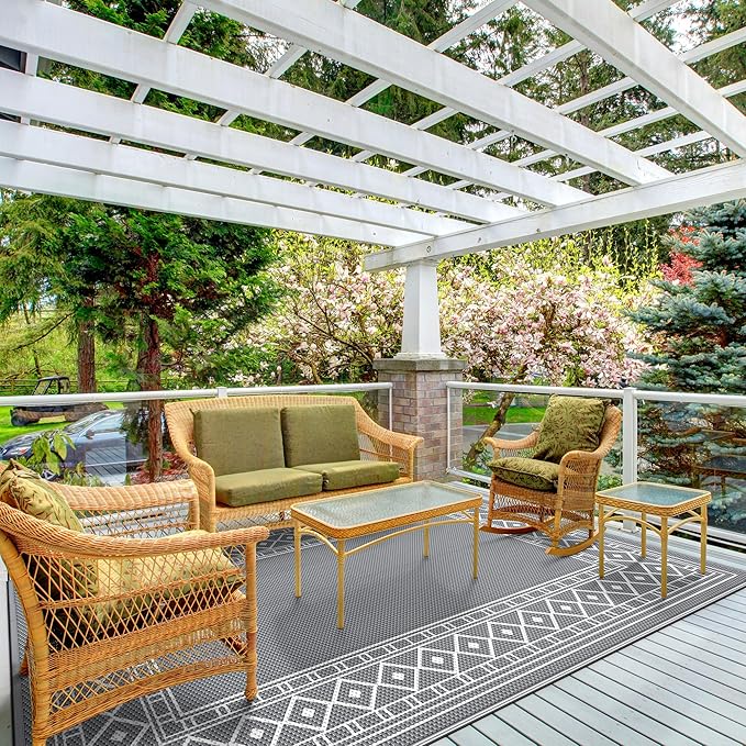 GENIMO Outdoor Rug Waterproof for Patio Decor, 5'x8' Reversible Plastic Straw Area Carpet, Camping Outside Mat for Outdoor, RV, Deck, Camper, Balcony,Picnic Grey & White