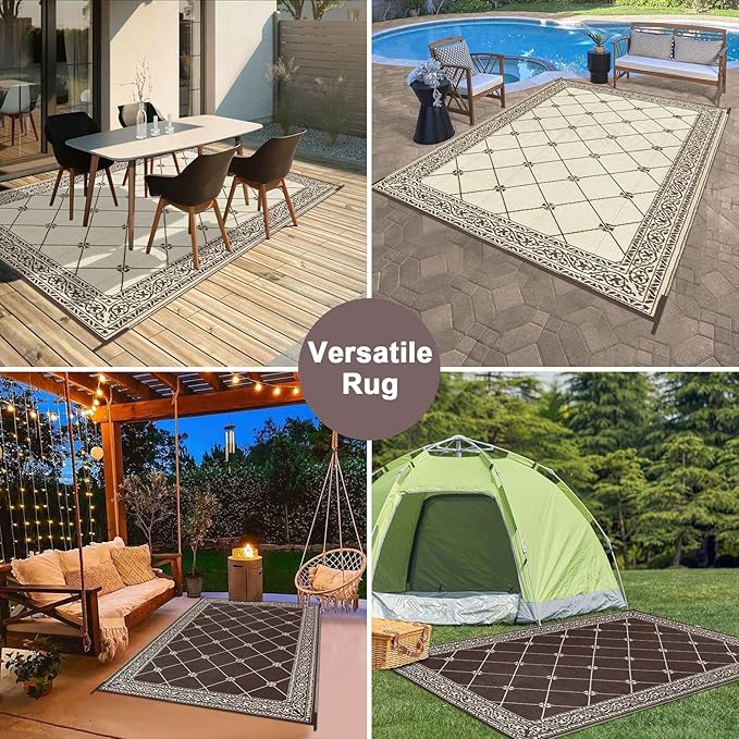 HiiARug Outdoor Patio Rugs 6x9Ft Outside Rugs Patio Waterproof Plastic Straw RV Camping Rug Reversible Mats Large Floor Mat and Rug for Patio, Backyard, Deck, Picnic, Beach, Trailer (Brown)