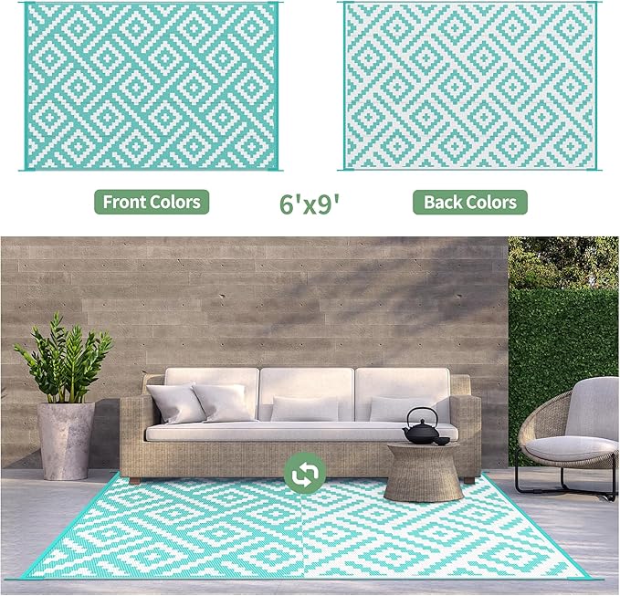 GENIMO Outdoor Rug for Patio Clearance, 6'x9' Waterproof Camping Mat, Reversible Plastic Straw Rugs for RV, Camper, Balcony, Backyard, Picnic, Deck (Aqua Blue & White)