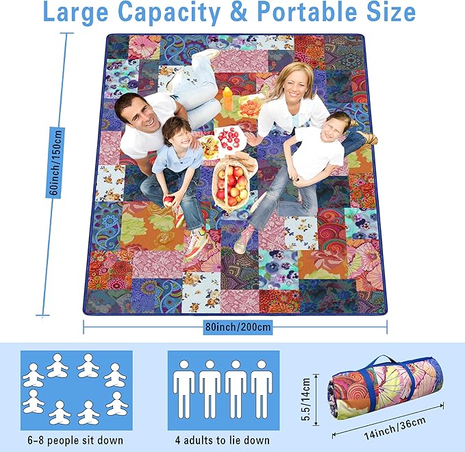 Extra Large Picnic Blankets Waterproof Foldable (60"x 80") Beach Blanket Waterproof Sandproof,3-Layer Thicking Mat Outdoor Packable Camping Blanket