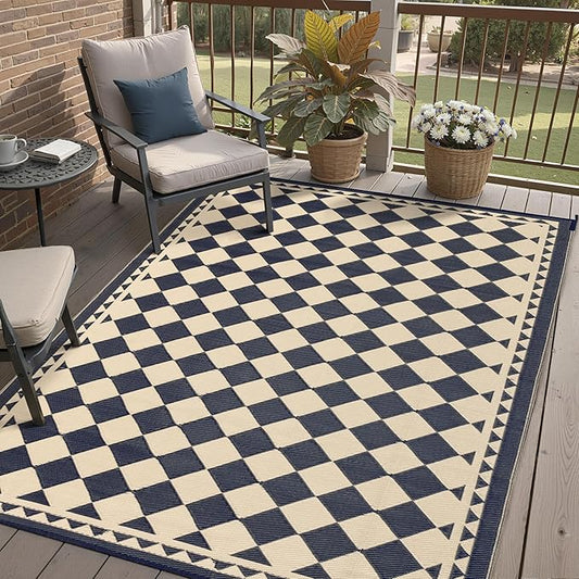 Outdoor Rug for Patios Clearance,Waterproof Mat,Large Outside Carpet,Reversible Plastic Straw Camping Rugs,Rv,Porch,Deck,Camper,Balcony,Backyard (5x8,Checkered/Black&Beige)