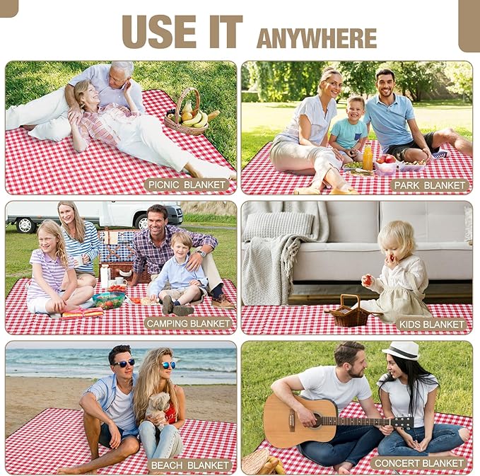 G GOOD GAIN Picnic Blankets Outdoor Extra Large - 80"x80" Portable Waterproof Picnic Blanket, Machine Washable 3-Layer Foldable Park Mat with Sandproof Backing for Grass, Hiking, Travel (Red)